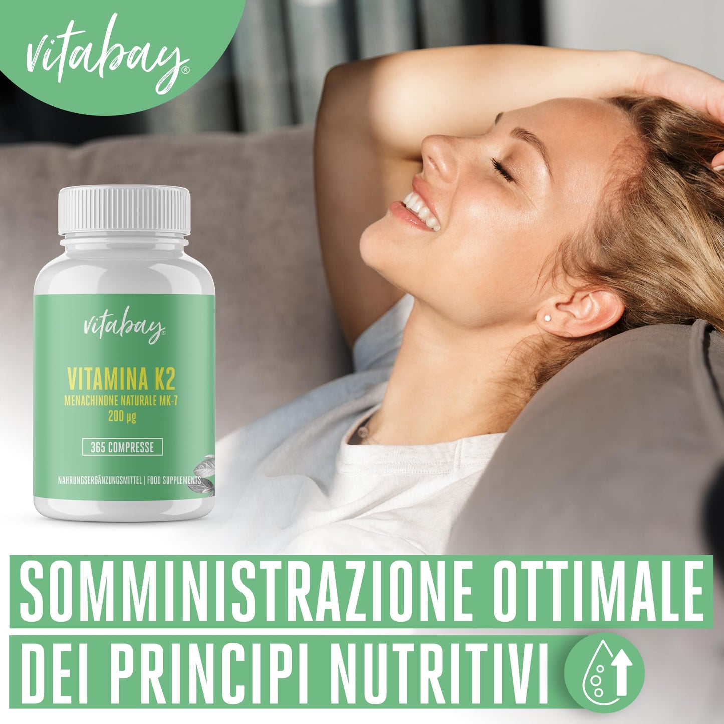 Vitabay Vitamina K2 365 compresse di Vitamina K2 200 mcg vegana con Menachinone MK7 naturale All-Trans ad alto dosaggio - Assumere 1 compressa di Vitamina K2 MK7 al giorno con acqua - Vit K2 K2 MK7