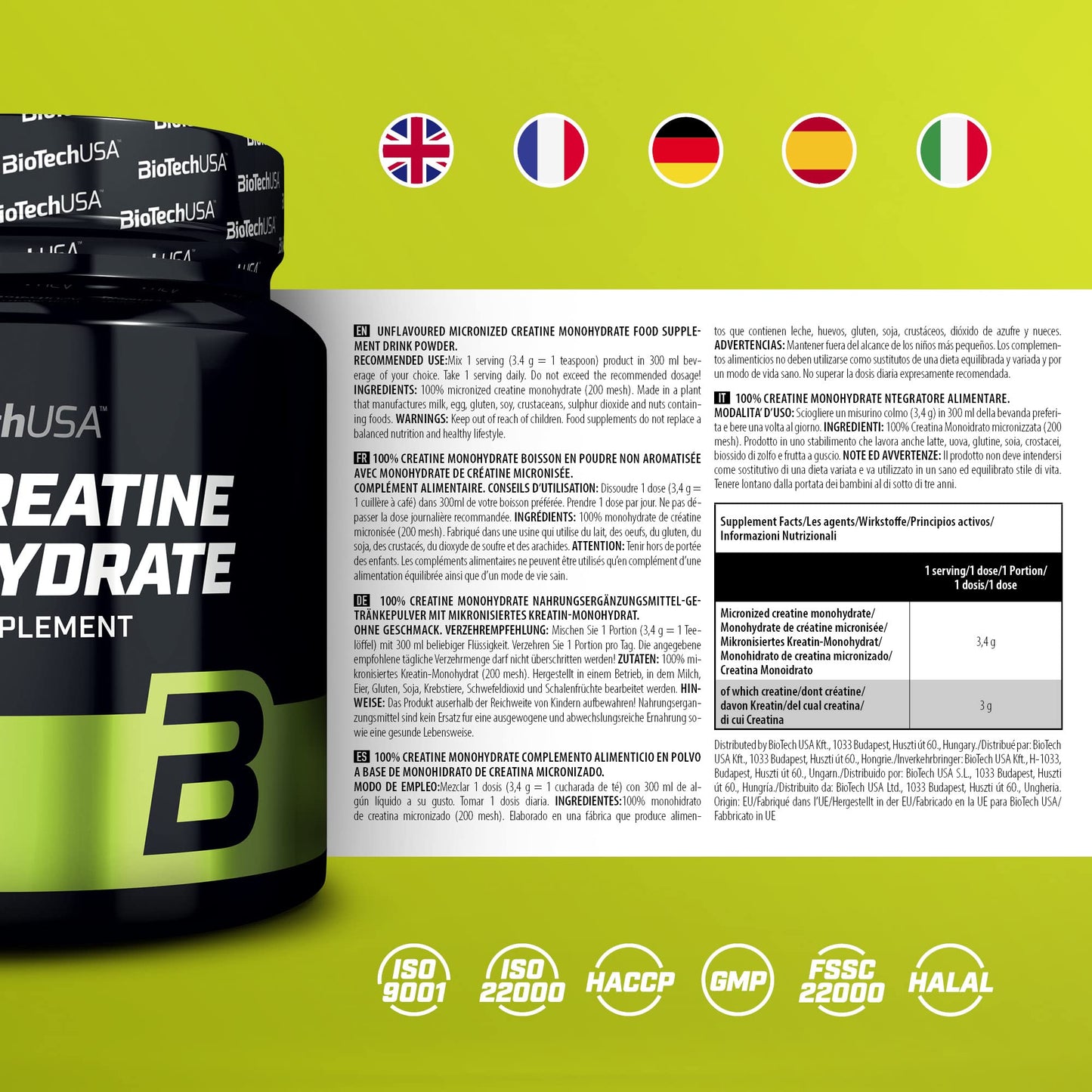 BioTechUSA 100% Creatine Monohydrate | Creatina di grado farmaceutico | Micronizzata | Vegan | Senza glutine, confezione classica a contenitore in plastica, 500 g