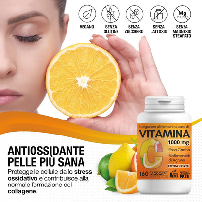 Vitamina C 1000mg, 160 compresse Vegane con Bioflavonoidi da Agrumi e Rosa Canina, alto assorbimento. Rinforza il sistema immunitario | Vitamina C pura. Made in Italy, Agocap