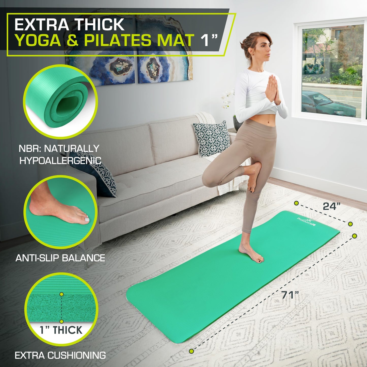 ProsourceFit Extra Thick Yoga and Pilates Mat ½” (13mm) or 1" (25mm), 71-inch Long High Density Exercise Mat with Comfort Foam and Carrying Strap