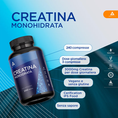 Bodyathlon- Creatina Monoidrata Creapure® 240 compresse- Creatina pura 3000mg per dose- Qualità guarantita senza additivi– Aumenta la massa musculare, forza e resistenza