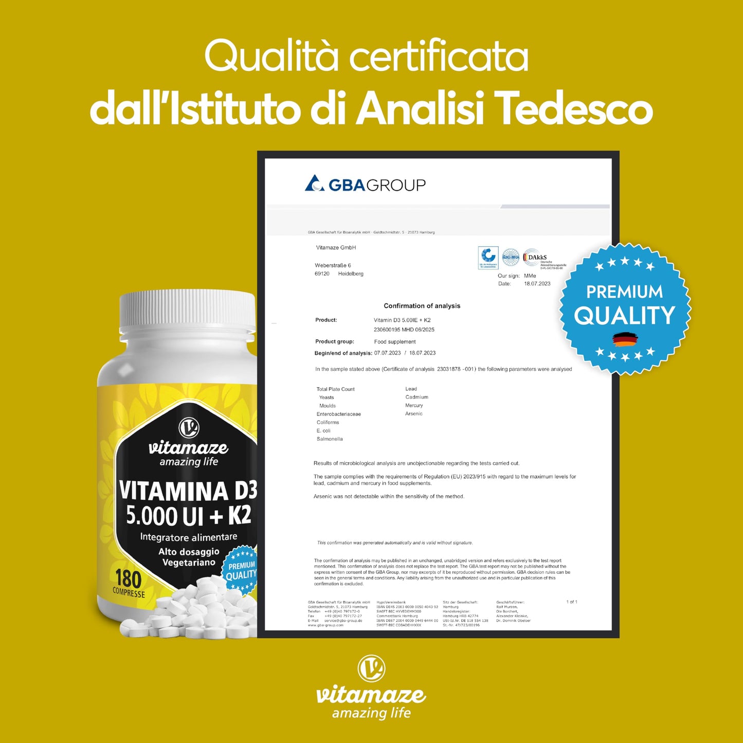 Vitamaze® Vitamina D3 K2 (+1 Anno) di Alto Dosaggio Vitamina D3 + 20 mcg Vitamina K2 al Giorno, 180 Piccole Compresse Vegetariane, Elevata Biodisponibilità, Qualitá Tedesca