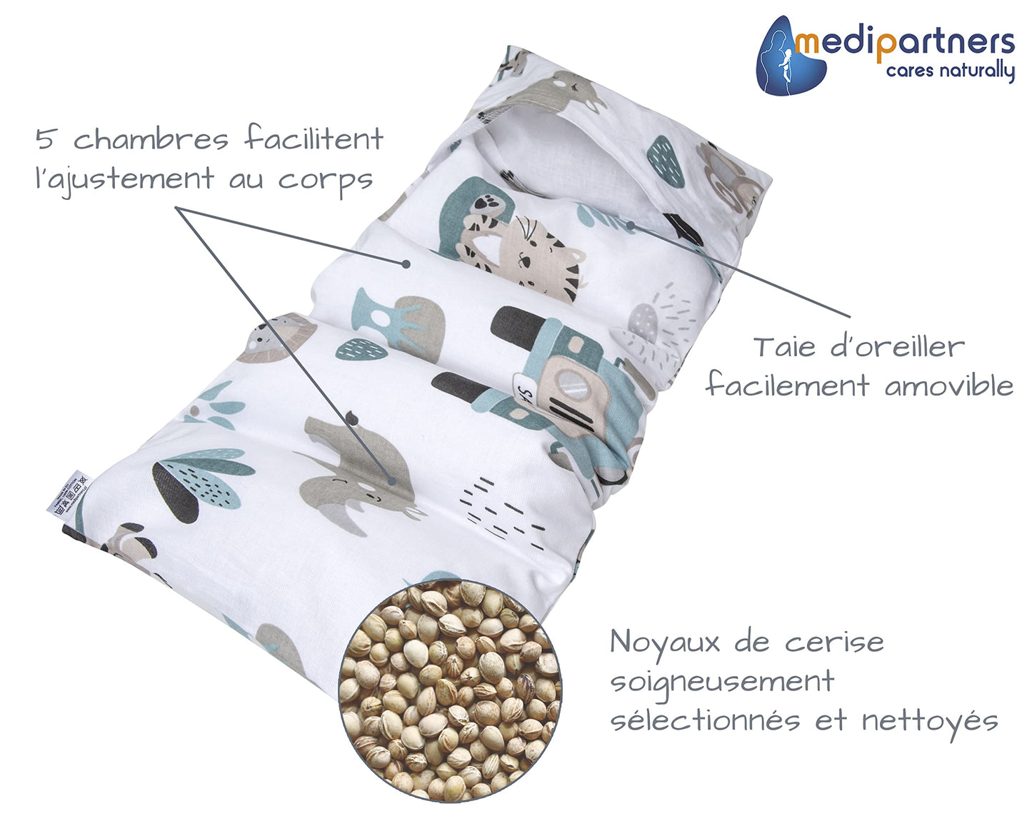 Medi Partners Cuscino Termico noccioli ciliegio 60x20cm 800g 100% Cotone 5 Camere Grande Terapia del freddo Federa sfoderabile (Stelle)