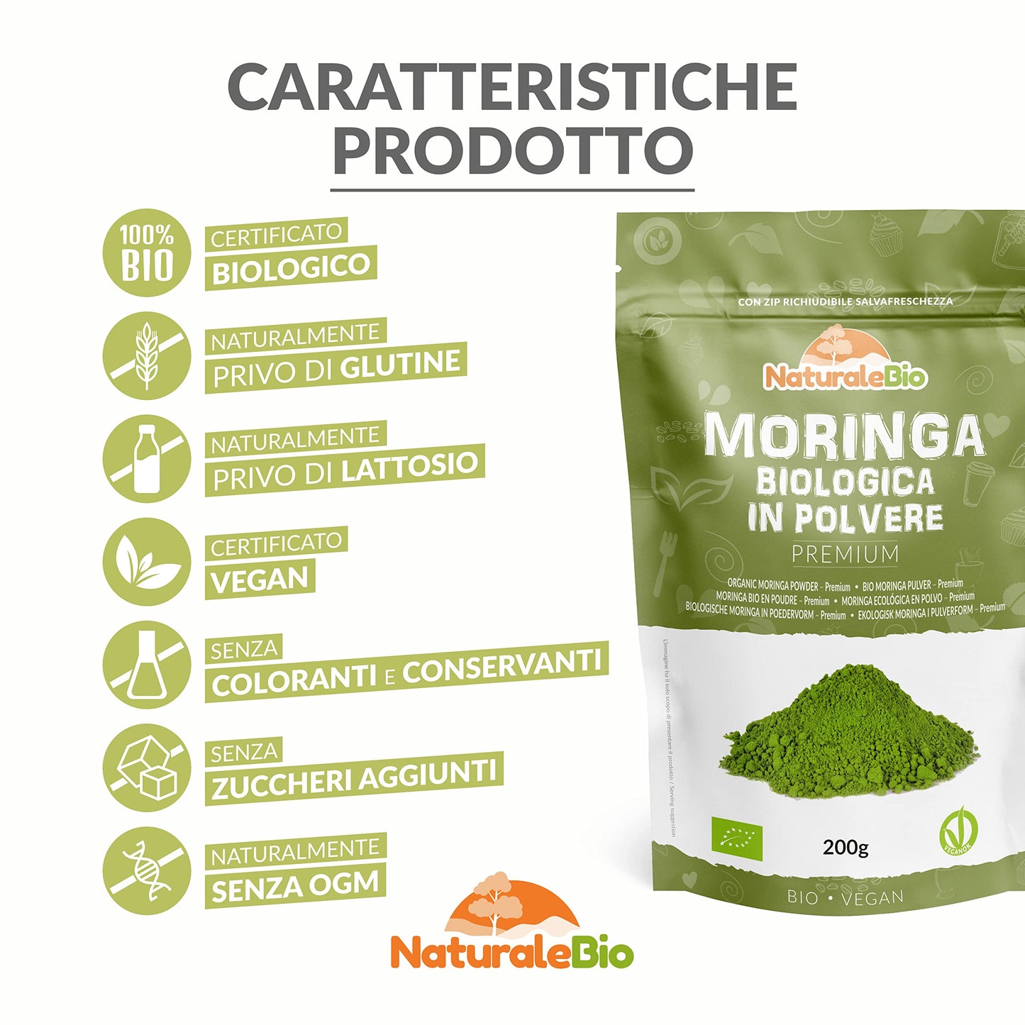 Moringa Oleifera Bio in Polvere - Qualità Premium - 400g. Biologica, Naturale e Pura. Foglie Raccolte dalla Pianta di Moringa Oleifera. NaturaleBio