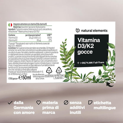 Vitamina D3 + K2 in gocce da 50 ml – Premium: meno che 99,7% all-trans (K2VITAL® di Kappa) + D3 ad alta biodisponibilità – natural elements – Integratore Vitamin D – alto dosaggio, liquida