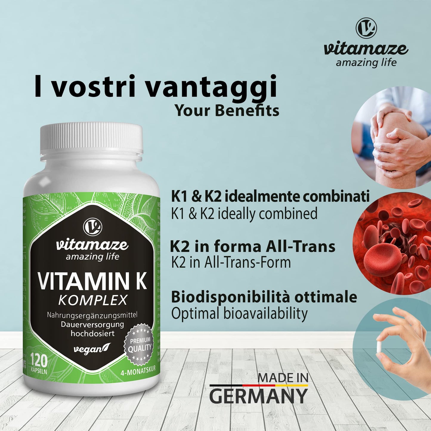 Vitamaze® Vitamina K2 MK-7 Alto Dosaggio Menachinone, 180 Compresse Vegan, Qualità Tedesca, Naturale Integratore Alimentare senza Additivi non Necessari