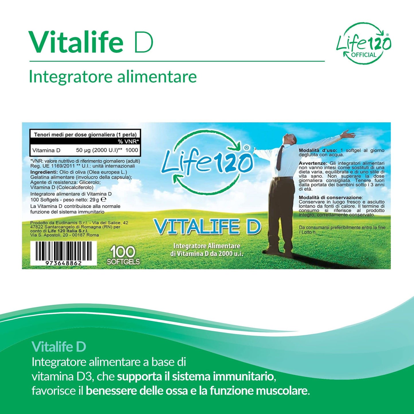 Life 120 - Vitalife D - Integratore alimentare di Vitamina D 2000 UI per softgel, 100 Softgel ad Alto Dosaggio, fondamentale per Ossa, Denti, Muscoli e Sistema Immunitario, 3 Confezioni da 100 Softgel