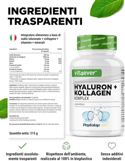 Complesso di acido ialuronico e collagene - 240 capsule - Premium: Con biotina bioattiva, selenio, zinco, vitamina C naturale da acerola e silicio da bambù