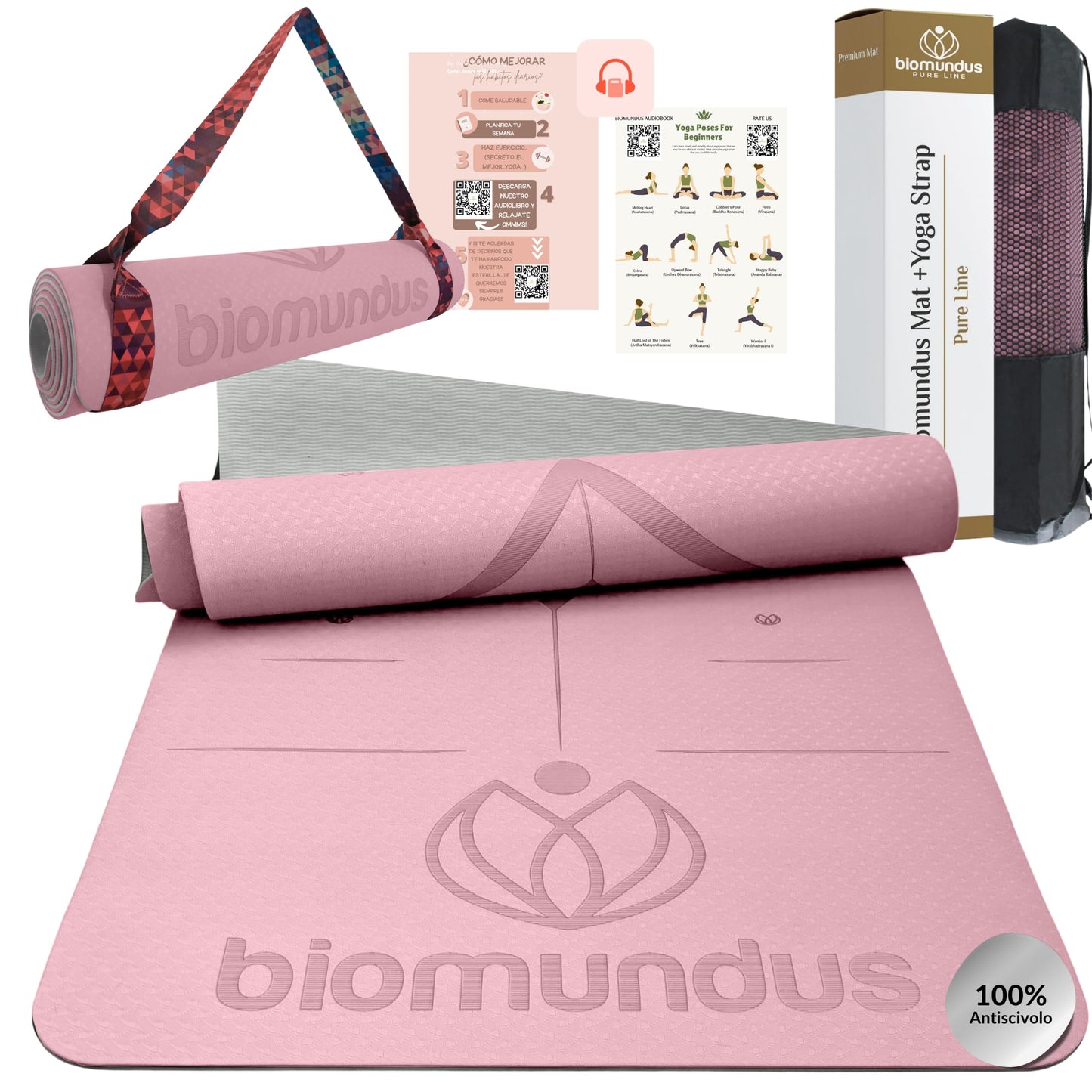 biomundus tappetino yoga antiscivolo + cinghia per lo Yoga + linee di posizione+ borsa tappetino fitness pieghevole tappetino palestra casa tappeto yoga mat