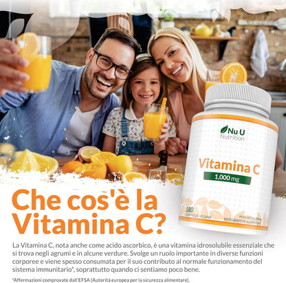 Vitamina C 1000mg Pura Alto Dosaggio - 180 Compresse Vegane - 6 Mesi di Fornitura - Acido Ascorbico - Senza GMO - Integratori alimentari di Nu U Nutrition