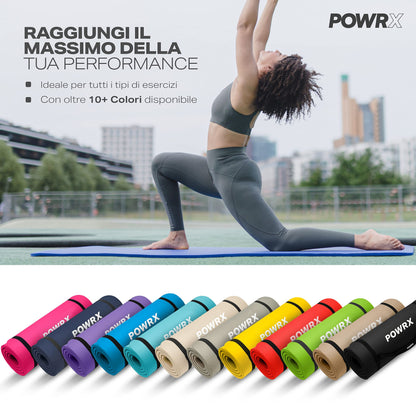 POWRX Tappetino Fitness Antiscivolo 190 x 60, 80, 100 cm - Ideale per Yoga, Pilates e Ginnastica - Extra Morbido e Spessore da 1,5 cm o 1 cm - Ecocompatibile con Tracolla e Sacca Trasporto + Poster