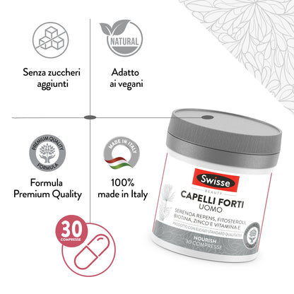 Swisse Capelli Forti Uomo, Integratore Alimentare che Combina Vitamine, Minerali e Ingredienti di Origine Naturale, Utili per Mantenere la Forza del Capello, 30 Compresse da 1250 mg