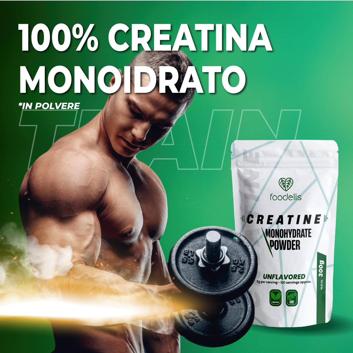 Creatina Monoidrata Micronizzata in polvere 100% - 300g - Insapore - Aumento delle prestazioni fisiche e della forza muscolare - Incluye dosatore - Altamente solubile - FOODELIS®