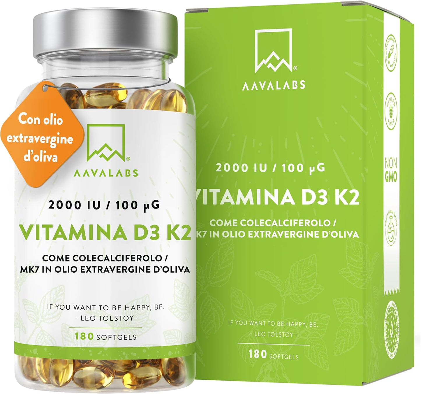 Vitamina D3 K2 Alto Assorbimento Olio Extraverg.d'Oliva - Vitamina D3 2000 UI + Vitamina K2 MK7 100 μg - Vitamina D 2000 UI e Vitamina K - 180 Capsule