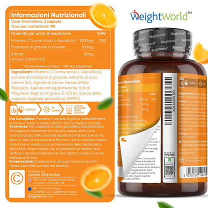 Vitamina C Liposomiale, Sistema Immunitario, Ossa, Pelle, Stanchezza, Vitamina C Pura 180 Capsule, Vitamina C 1000mg Vegan, Vit C Liposomiale Acido Ascorbico 3 Mesi, Vitamina C Naturale Alto Dosaggio