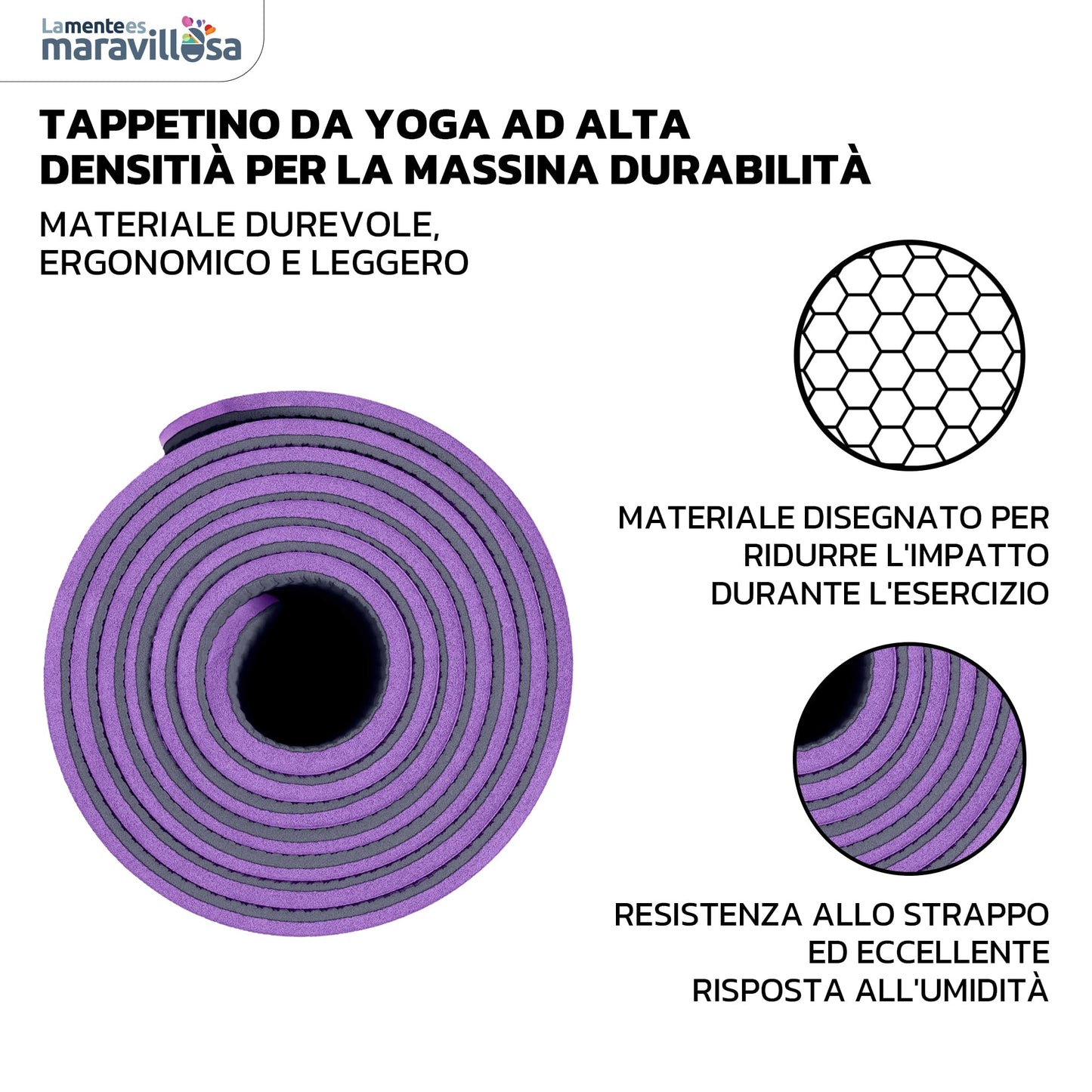 LA MENTE ES MARAVILLOSA - Tappetino per Yoga, Pilates, Fitness o Altri Sport, Tappetino Antiscivolo in TPE con Borsa a Tracolla, Tappetino da Allenamento 183 x 61 cm