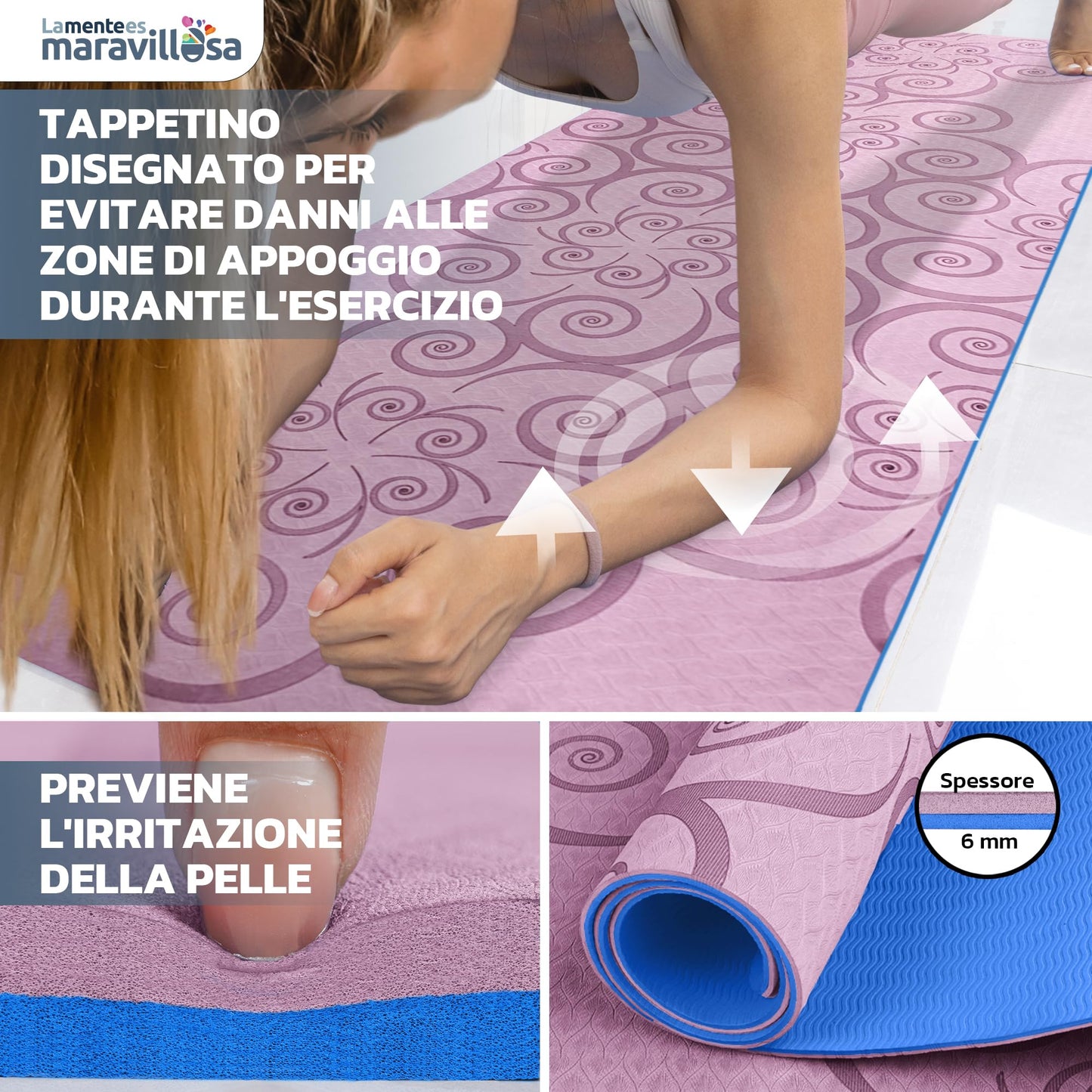 LA MENTE ES MARAVILLOSA - Tappetino per Yoga, Pilates, Fitness o Altri Sport, Tappetino Antiscivolo in TPE con Borsa a Tracolla, Tappetino da Allenamento 183 x 61 cm