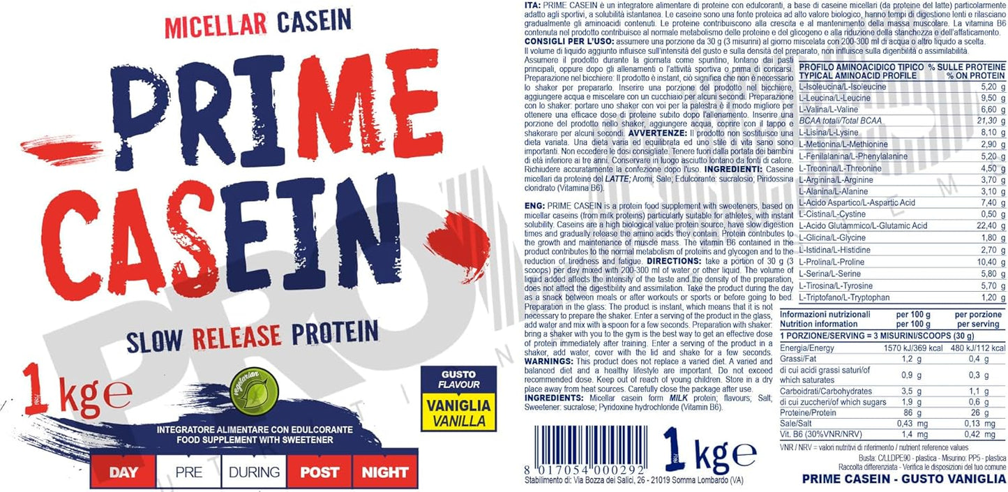 PROLABS PRIME CASEIN - 1 Kg - Vaniglia - Integratore alimentare di proteine del latte- Purissime caseine micellari - Crescita e mantenimento della massa muscolare