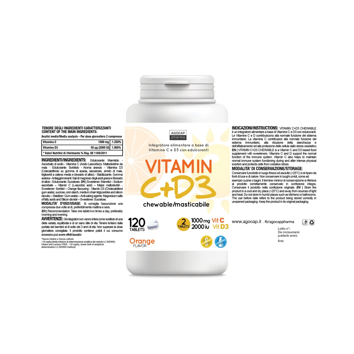 Vitamina C+D3, 120 compresse MASTICABILI, Vitamina C 1000mg + Vitamina d 2000 ui per dose giornaliera. Per difese immunitarie. Vitamina D e C, Agocap