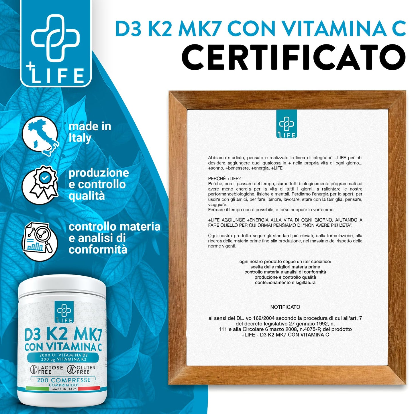 VITAMINA D3 K2 Mk7 Con Vitamina C PiuLife® 200 Compresse Vit D3 2000 UI, Vitamina K2 200µg, Vitamina C 125mg, Benessere Delle Ossa, Difese Immunitarie, Regola Livelli Di Calcio E Fosforo