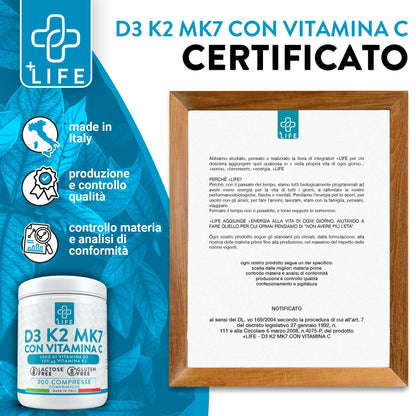 VITAMINA D3 K2 Mk7 Con Vitamina C PiuLife® 200 Compresse Vit D3 2000 UI, Vitamina K2 200µg, Vitamina C 125mg, Benessere Delle Ossa, Difese Immunitarie, Regola Livelli Di Calcio E Fosforo