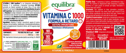 equilibra Integratori Alimentari, Vitamina C 1000 mg, Integratore Altodosato per la Normale Funzione del Sistema Immunitario, Rilascio Graduale Fino a 6 Ore, Vegan, Gluten Free, 90 Compresse