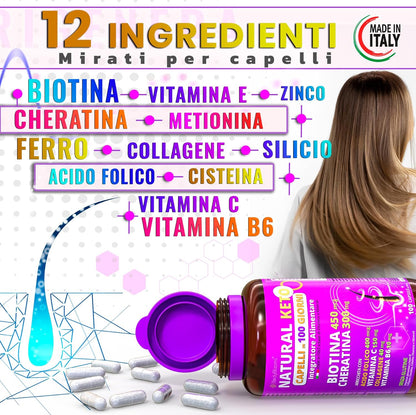 NATURAL KETO® Capelli in 100 Giorni. Integratori per capelli donna uomo con 12 vitamine per capelli tra cui Collagene,Biotina crescita capelli,Cheratina,Ferro,Vitamina b. Integratore capelli ITALIANO