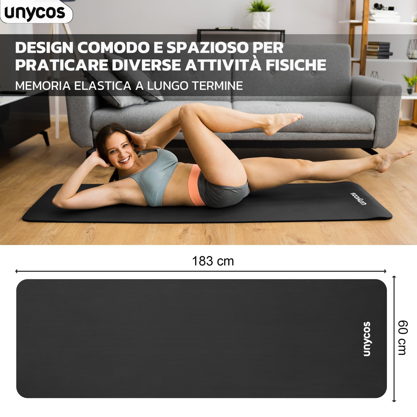 unycos - Tappetino Antiscivolo da Yoga, Pilates e Ginnastica Extra Spesso 10/15 mm, 183x60 cm, Materassino Fitness con Schiuma NBR Confortevole, Tracolla, Borsa ed E-Book di 50 Esercizi