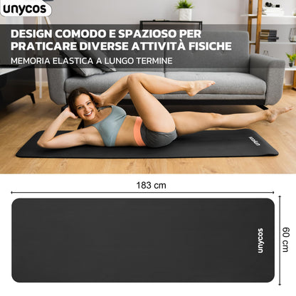 unycos - Tappetino Antiscivolo da Yoga, Pilates e Ginnastica Extra Spesso 10/15 mm, 183x60 cm, Materassino Fitness con Schiuma NBR Confortevole, Tracolla, Borsa ed E-Book di 50 Esercizi