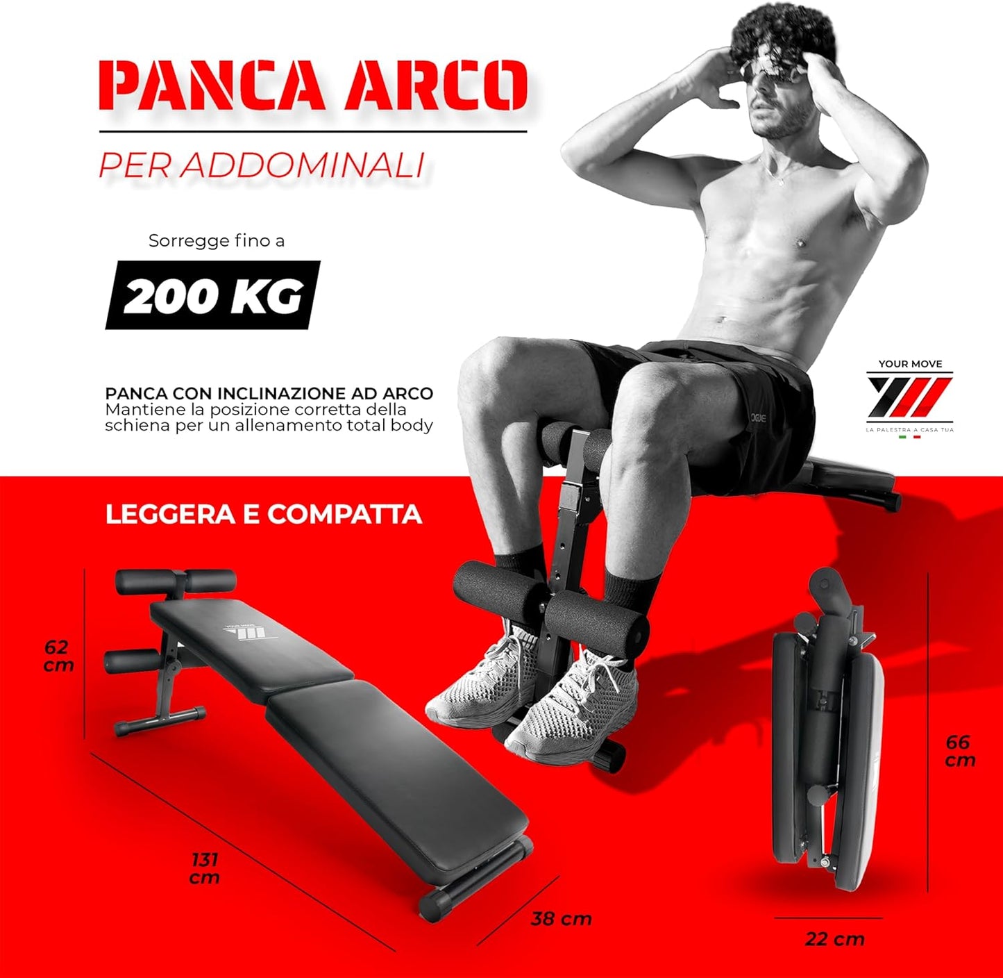 YM Panca Per Addominali Inclinabile Pieghevole, Regolabile, Panca Per Allenamento Fitness Palestra in Casa, Total Body, 200 kg, Con Inclinazione ad Arco