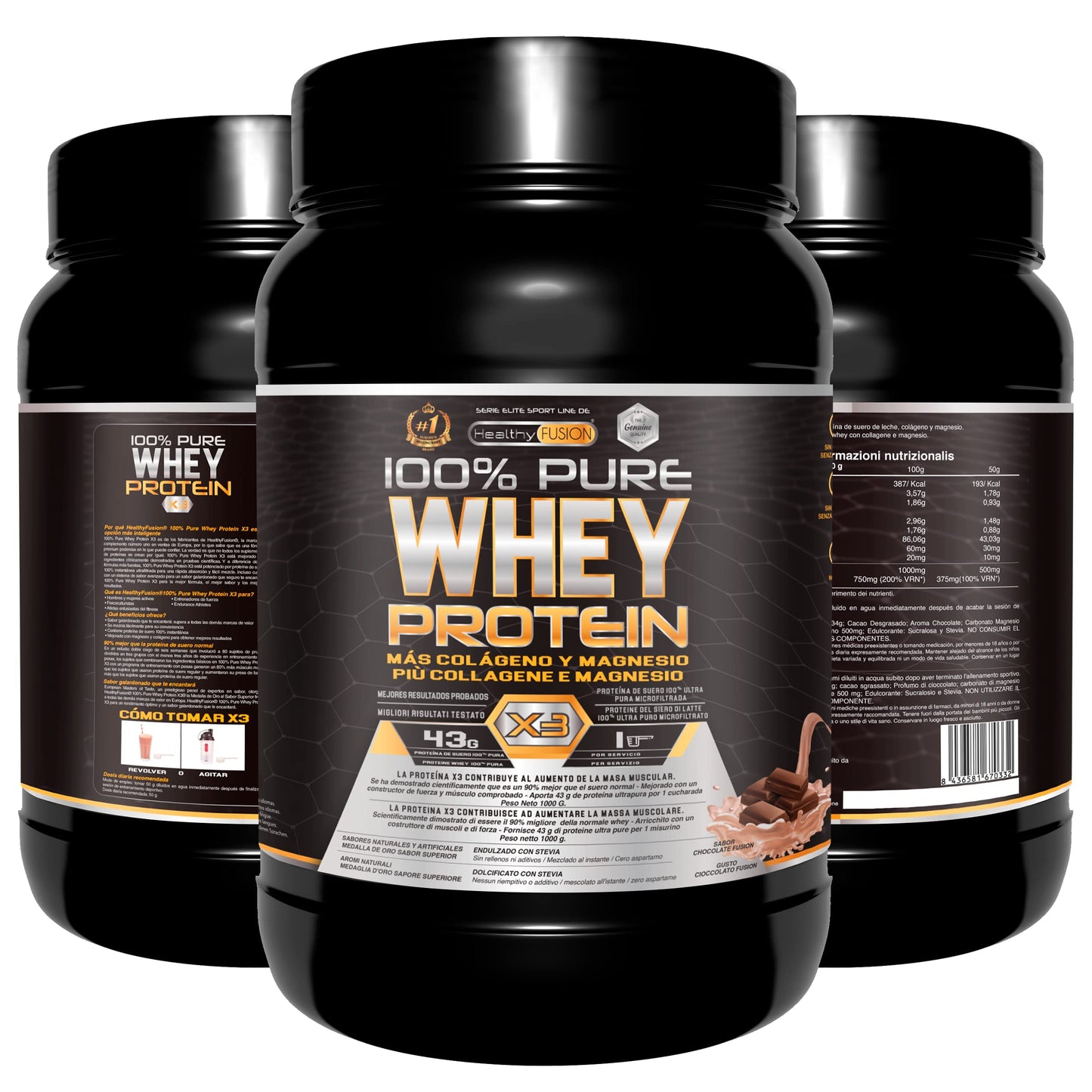 Healthy FUSION Whey protein 100% pura | Proteine whey + collagene + magnesio | Proteine del siero di latte isolate per lo sviluppo muscolare | Massa muscolare pulita | 1000 g (Cioccolato)