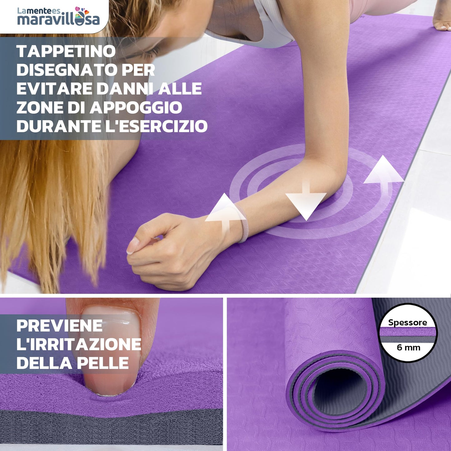 LA MENTE ES MARAVILLOSA - Tappetino per Yoga, Pilates, Fitness o Altri Sport, Tappetino Antiscivolo in TPE con Borsa a Tracolla, Tappetino da Allenamento 183 x 61 cm