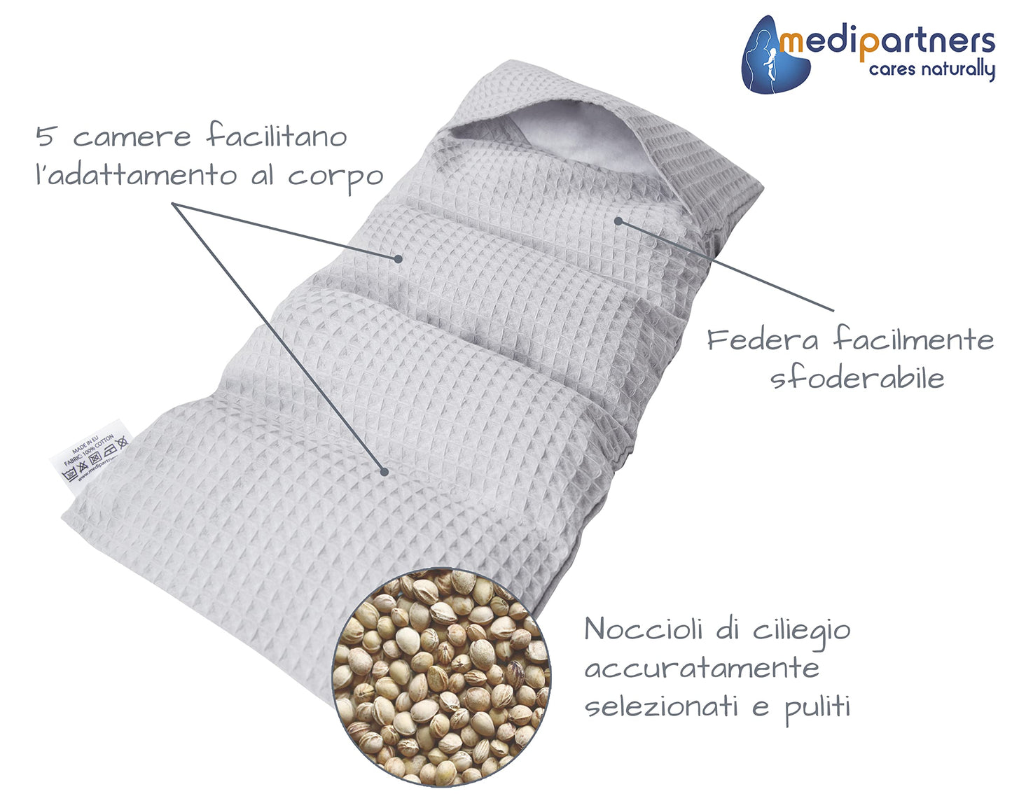 Medi Partners Cuscino Termico noccioli ciliegio 60x20cm 800g 100% Cotone 5 Camere Grande Terapia del freddo Federa sfoderabile (Stelle)