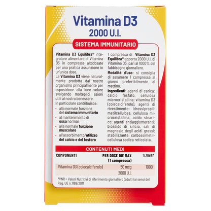 equilibra Integratori Alimentari, Vitamina D3, Integratore Vitamina D3 per la Normale Funzione del Sistema Immunitario, per il Mantenimento di Ossa Normali, 2000 UI, 30 Compresse Altodosate