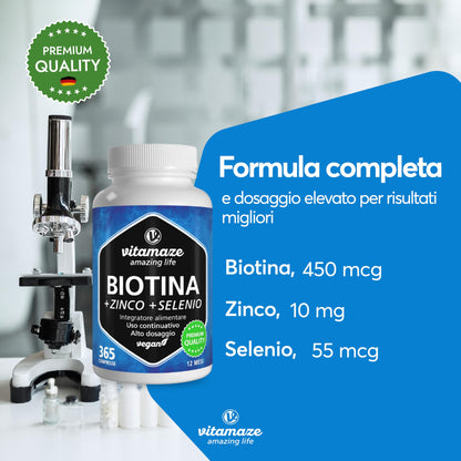 Vitamaze® Biotina Capelli + Selenio + Zinco, 365 Compresse (1 Anno) Crescita di Capelli, Pelle e Unghie Sani, Vitamina B7, Integratori per Capelli, Qualità Tedesca