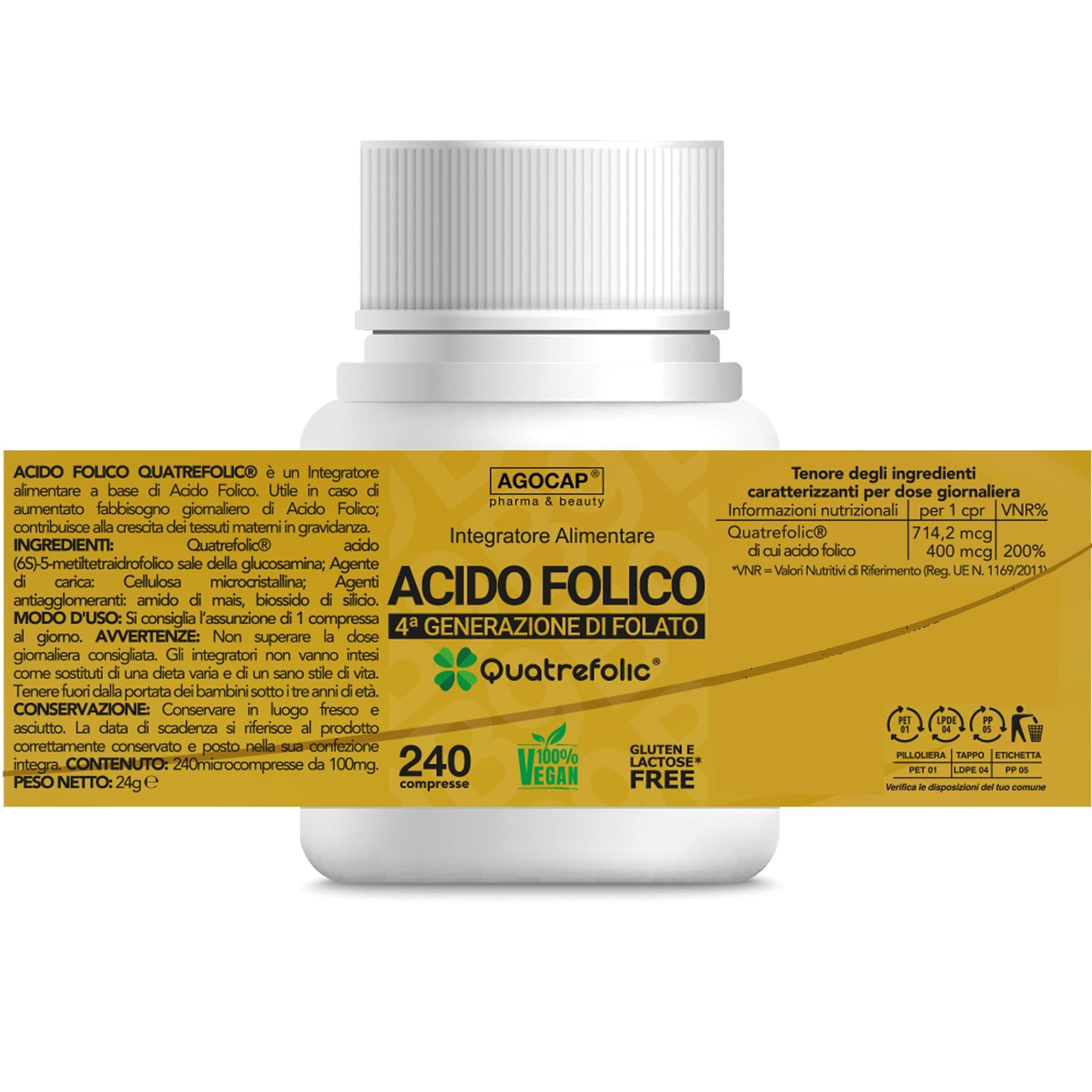 Acido Folico Quatrefolic, 240 compresse di Acido Folico in forma Biologicamente Attiva, assorbimento fino a tre volte maggiore per Gravidanza e Fertilità, Riduce l'affaticamento