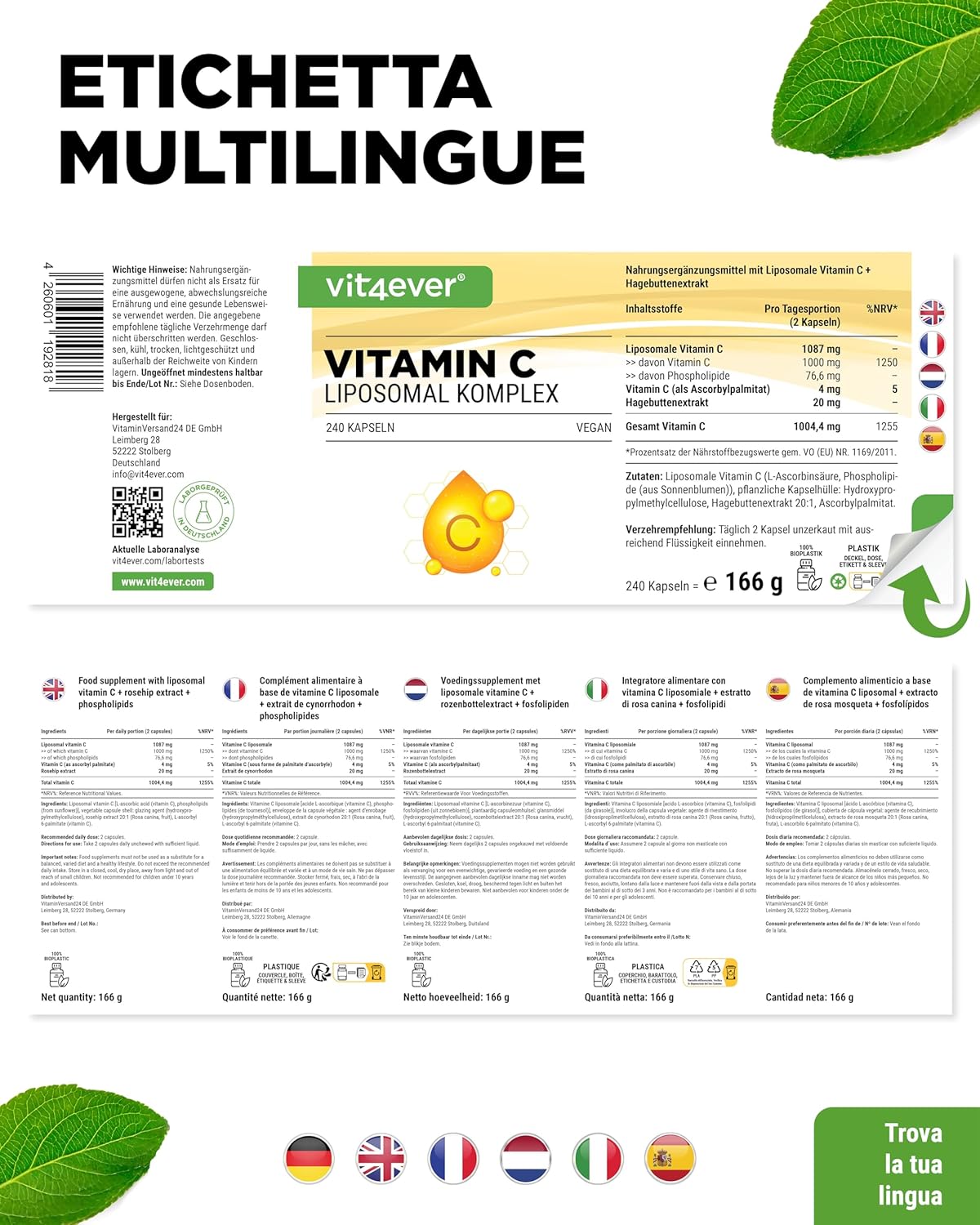 Vitamina C liposomiale - 240 capsule vegane - Premium: altamente dosata con 1000 mg di vitamina pura al giorno - Biodisponibilità particolarmente elevata