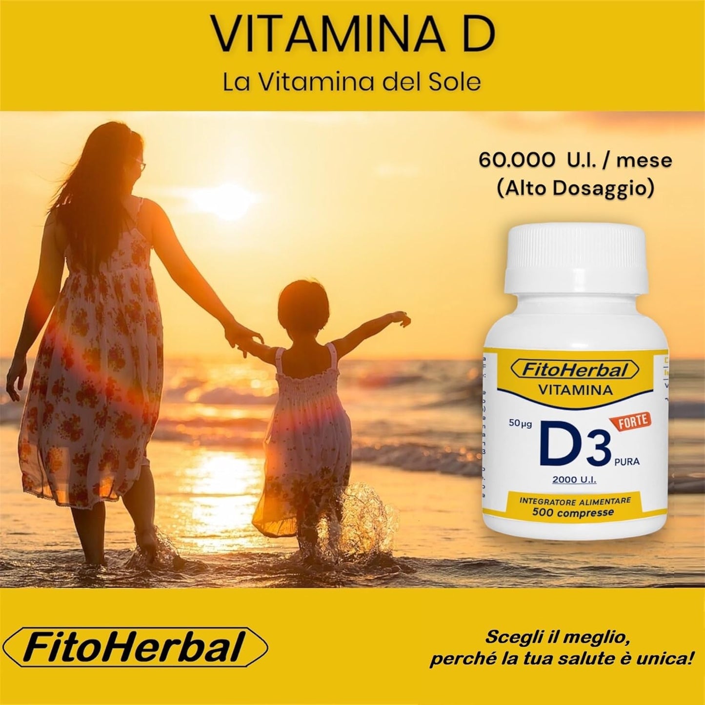 Vitamina D 60000 UI/mese ALTO DOSAGGIO 500 Compresse | Integratore Vitamina d3 2000 UI Supporto per Ossa Denti Muscoli, Integratori Sistema Immunitario Formato Famiglia, Made in Italy