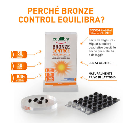 Equilibra Integratori Alimentari, Bronze Control, Integratore Vitamina A, Vitamina C, Vitamina E e Rame, con Estratto di Melone Brevettato, per l'Esposizione Solare, Senza Glutine, 30 Capsule Vegetali