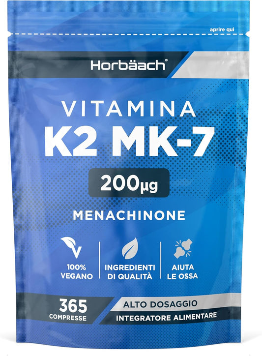 Vitamina K2 MK7 200 mcg Alto Dosaggio | 365 Compresse Vegane | Menachinone MK-7 | Integratore Alimentare Contribuisce al Mantenimento di Ossa Normali | Horbaach