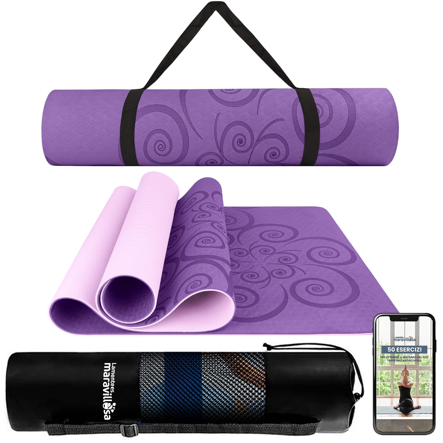 LA MENTE ES MARAVILLOSA - Tappetino per Yoga, Pilates, Fitness o Altri Sport, Tappetino Antiscivolo in TPE con Borsa a Tracolla, Tappetino da Allenamento 183 x 61 cm