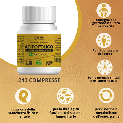 Acido Folico Quatrefolic, 240 compresse di Acido Folico in forma Biologicamente Attiva, assorbimento fino a tre volte maggiore per Gravidanza e Fertilità, Riduce l'affaticamento