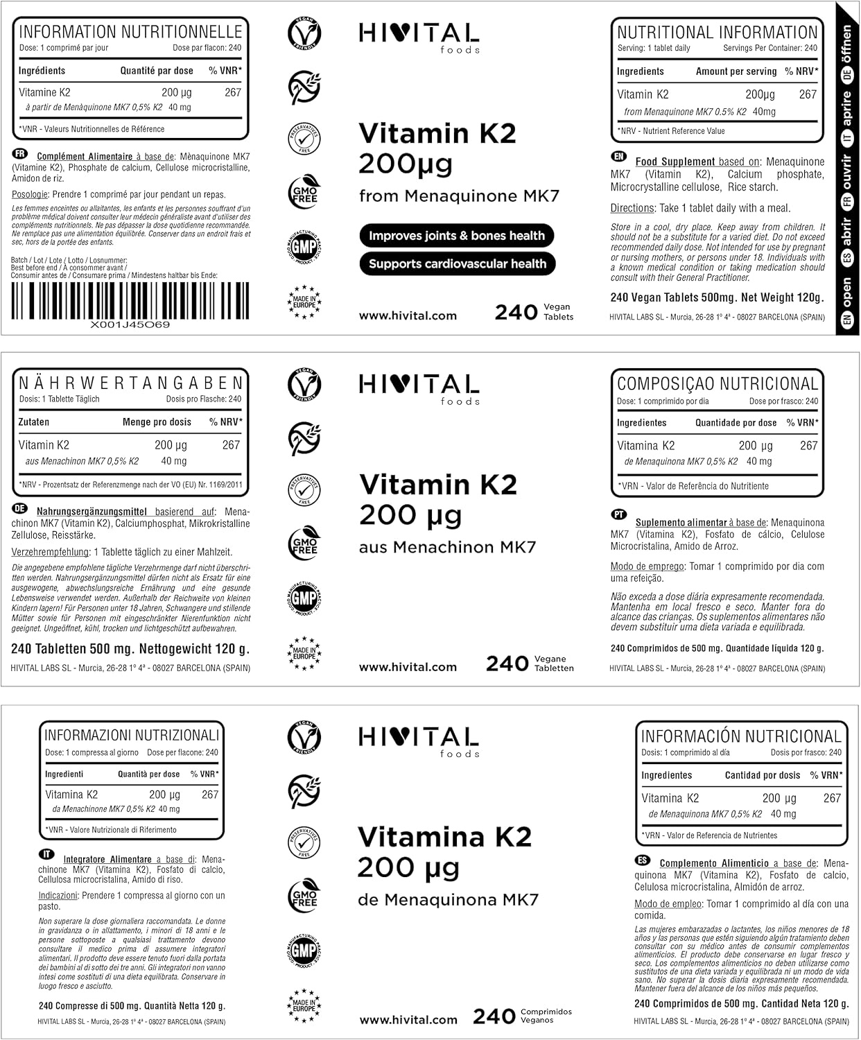 Vitamina K2 MK7 200 mcg. 240 compresse vegane di Vitamina K per 8 mesi. 200 mcg di Vitamina K2 Menachinone MK-7 per sostenere la salute delle ossa e delle articolazioni.