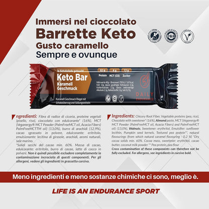 Daily Endurance | Keto Bar | 12 Barrette Proteiche Rivestite di Saccarosio | Miglior Keto in Movimento per Merendine | Barrette Low Carb, Paleo e Keto | Vegane e Sane | 480 g Caramello