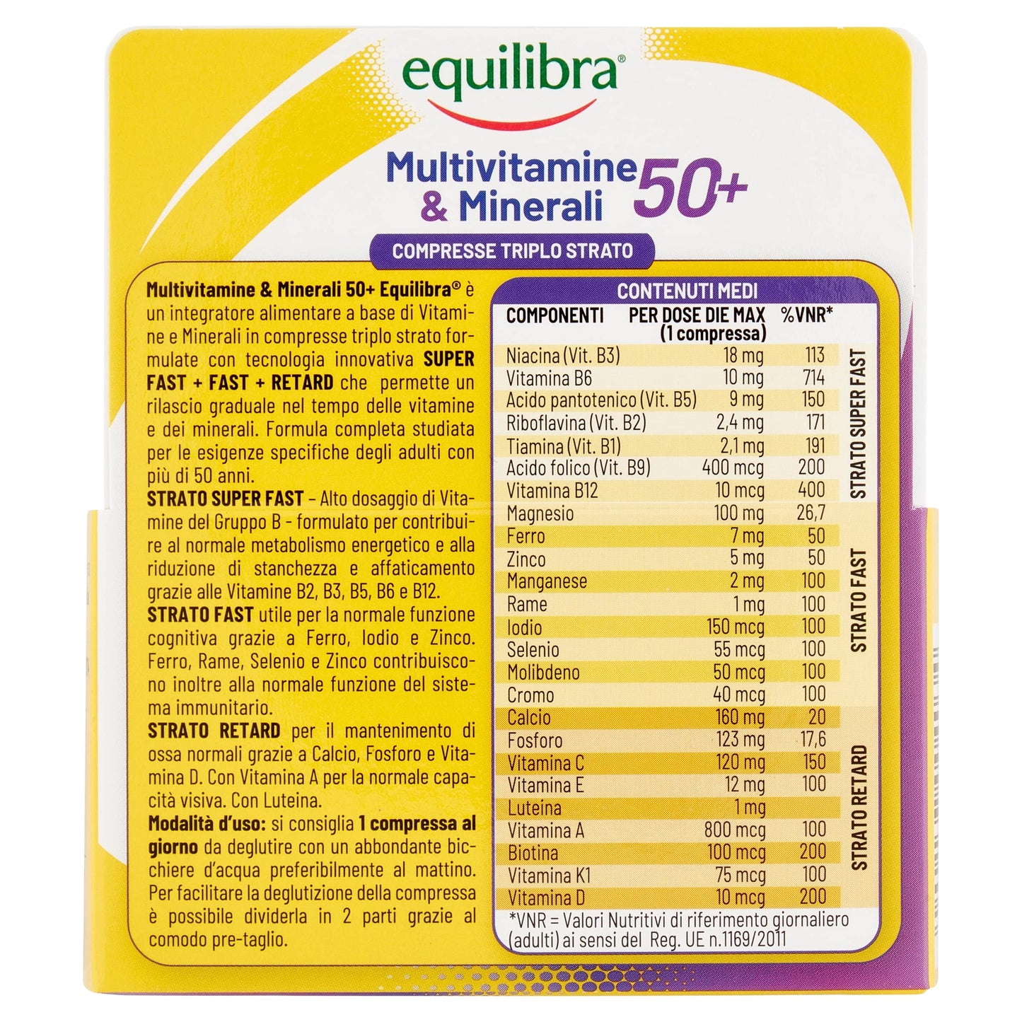 equilibra Integratori Alimentari, Multivitamine & Minerali 50+, Formula Potenziata, Energia, Sostegno, Funzioni Cognitive, 30 Compresse Triplo Strato a Rilascio Differenziato nel Tempo