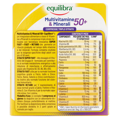 equilibra Integratori Alimentari, Multivitamine & Minerali 50+, Formula Potenziata, Energia, Sostegno, Funzioni Cognitive, 30 Compresse Triplo Strato a Rilascio Differenziato nel Tempo