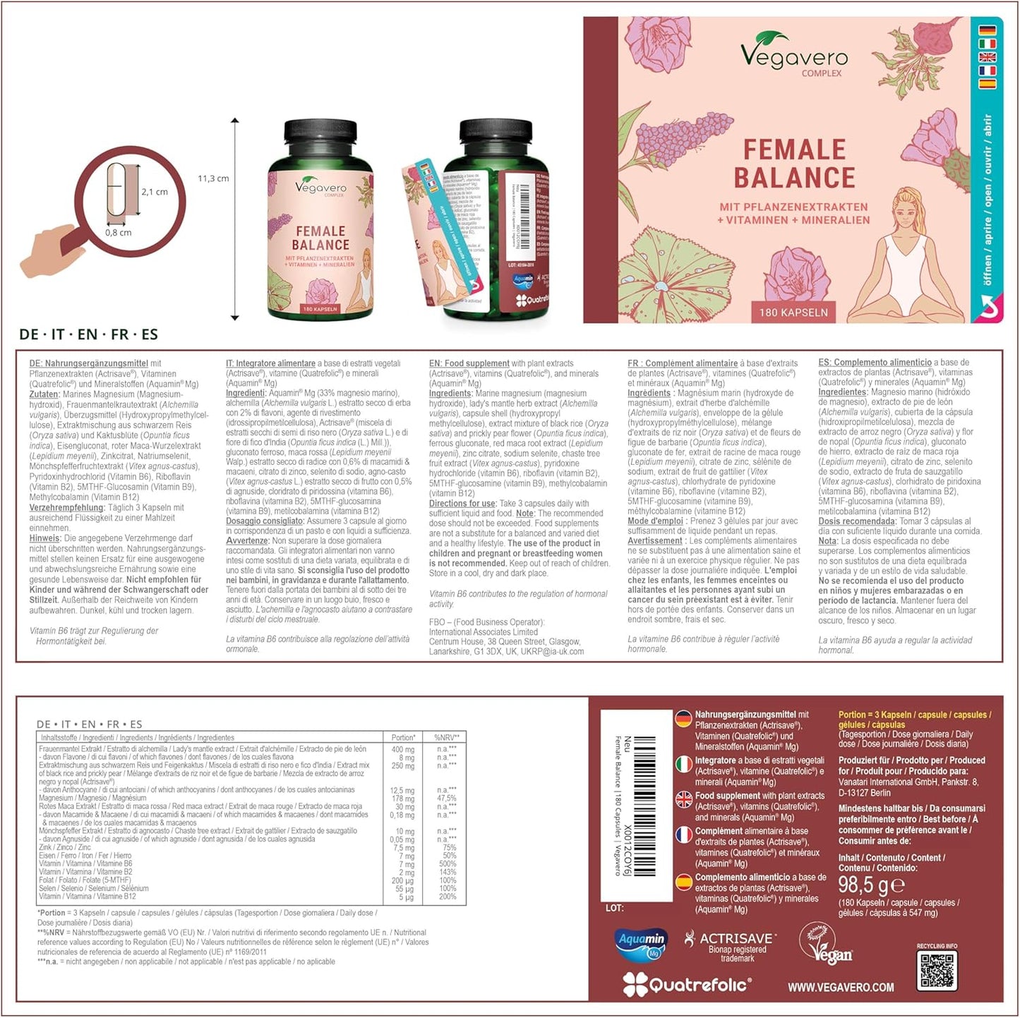 FEMALE BALANCE | 180 capsule | per Squilibrio Ormonale con Agnocasto, Maca, Magnesio, Acido Folico, Vitamine e Minerali | Amenorrea e PMS | Vegan e Senza Additivi | Vegavero®