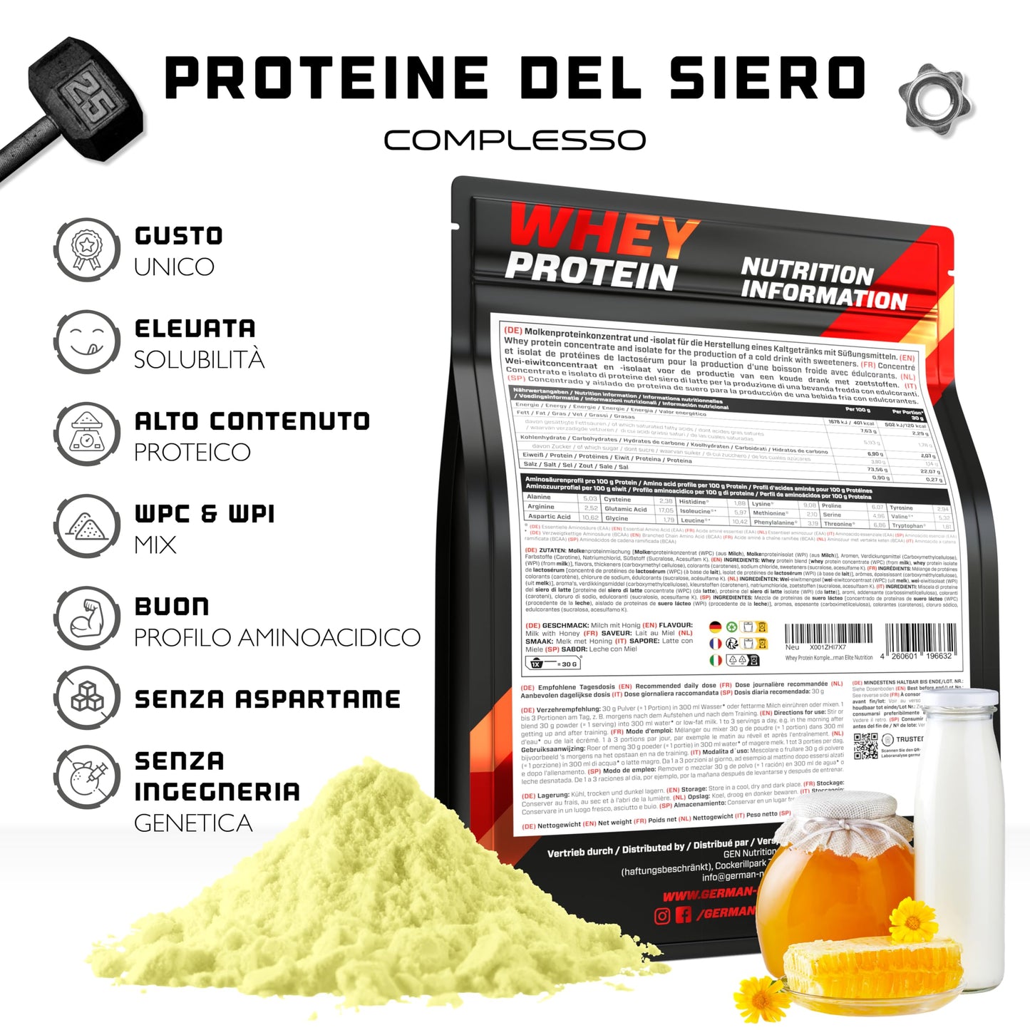 Whey Proteine Complesso - 1000 g (Gelato alla vaniglia) - Con contenuto isolato - Proteine in polvere solubili istantanee con BCAA ed EAA - German Elite Nutrition