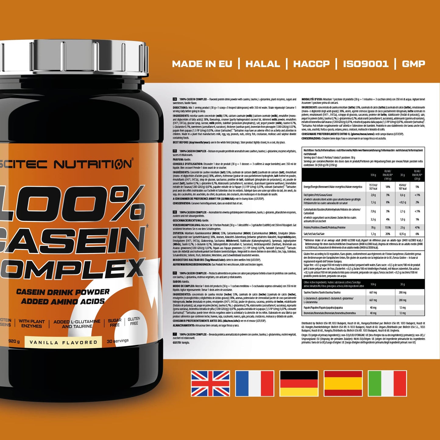 Scitec Nutrition 100% Casein Complex - Complesso a base di caseina micellare - con L-glutammina, taurina ed enzimi vegetali, 920 g, Vaniglia