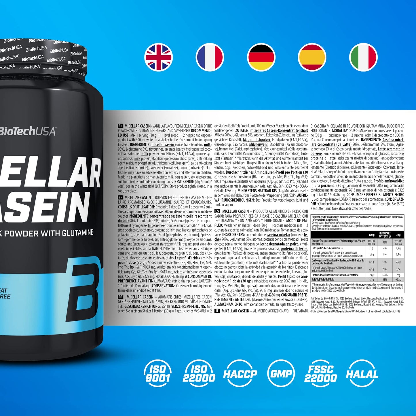 BioTechUSA Micellar Casein in Polvere | Tempo di Assorbimento Esteso | Senza Glutine e Senza Grassi | Aggiunta di L-Glutammina, 908 g, Vaniglia